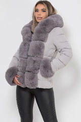 womens grey puffer padded jacket with faux fur hood trim and cuff