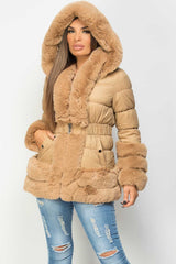 puffer jacket with faux fur hood and belt