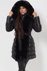 black faux fur trim and hood padded puffer coat womens