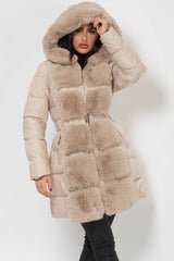 padded puffer belted jacket with luxury faux fur trim