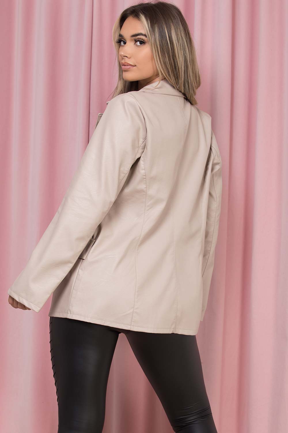 beige faux leather blazer jacket womens