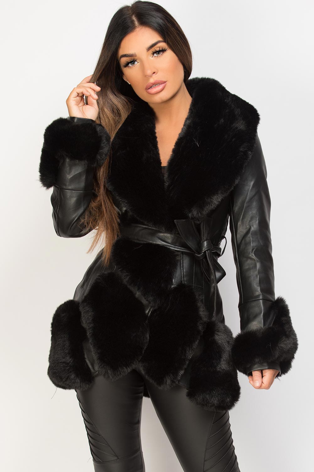 black faux leather faux fur belted jacket 