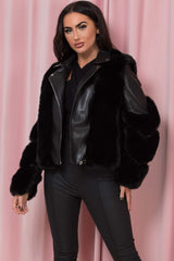 black faux fur faux leather aviator jacket womens