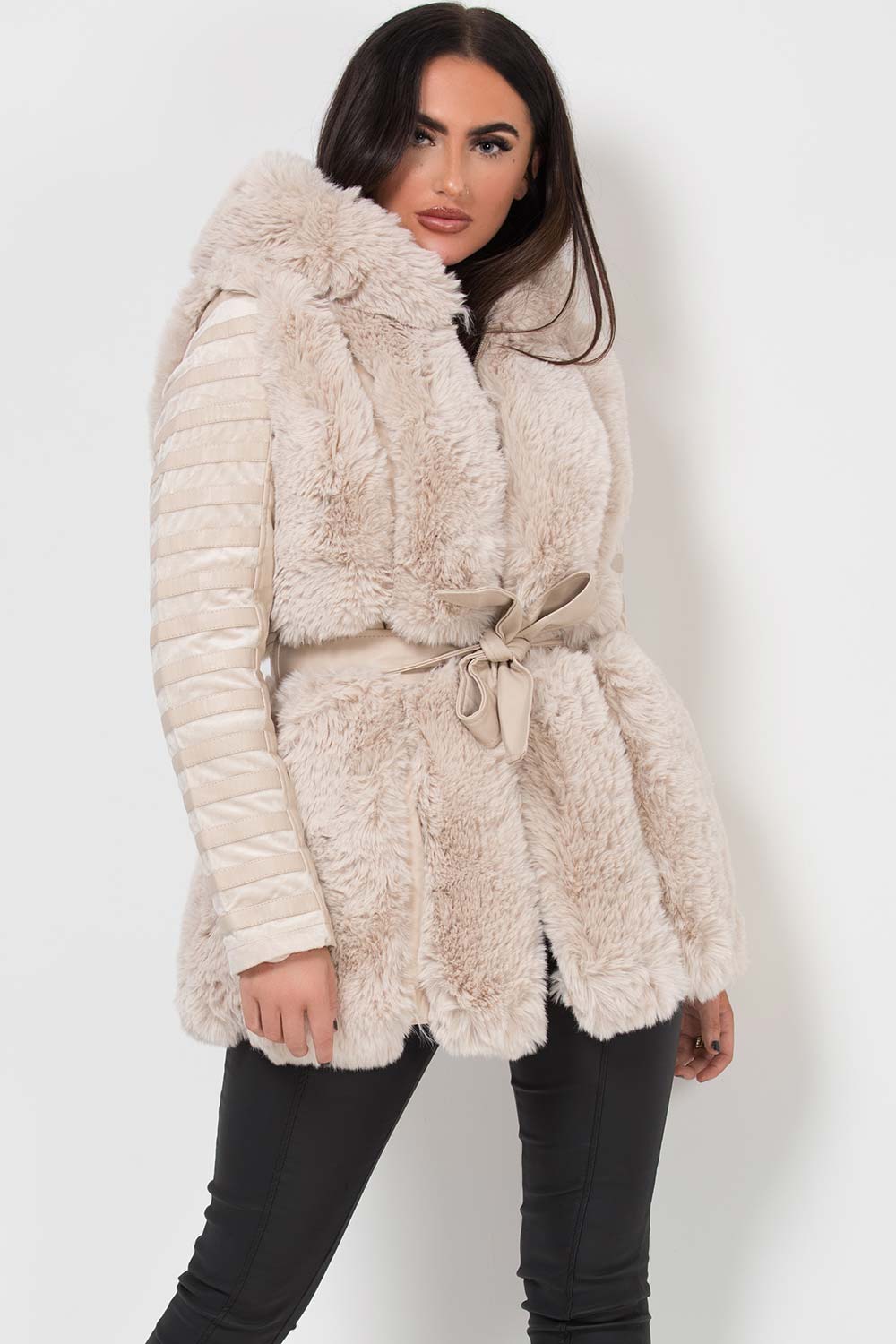 cream faux fur faux leather beltted jacket with hood
