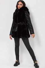 faux fur faux leather hooded coat