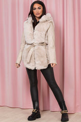 faux fur faux leather hooded jacket with belt