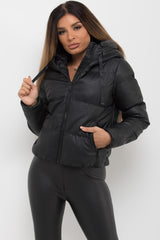 black faux leather puffer padded hooded jacket womens