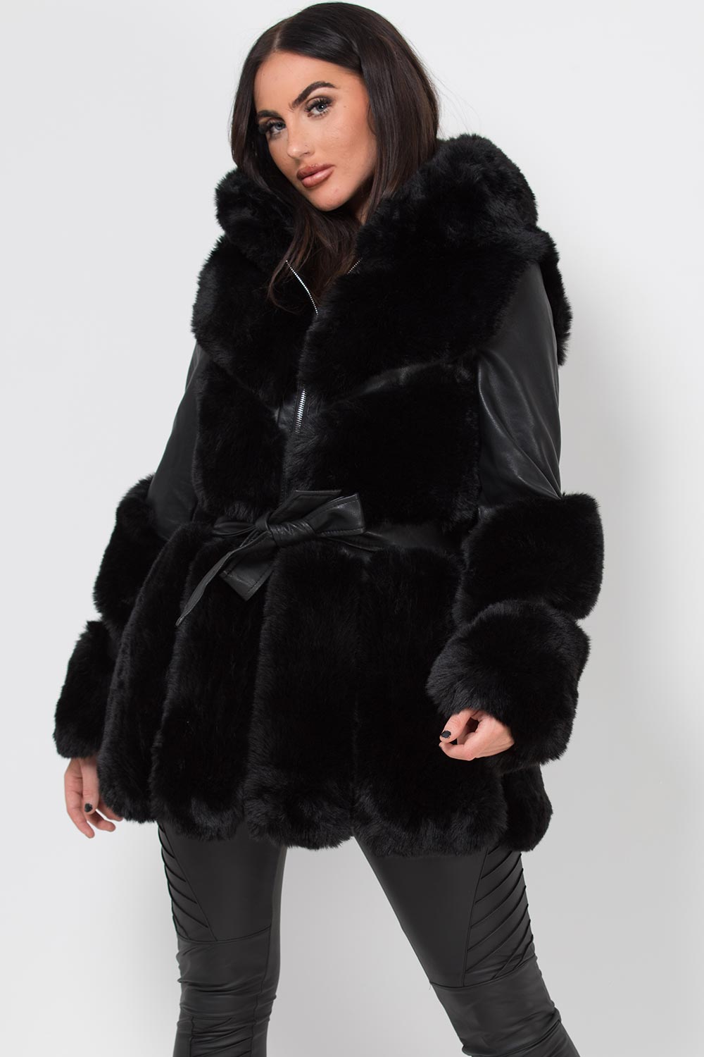 faux fur panel faux leather hooded jacket black