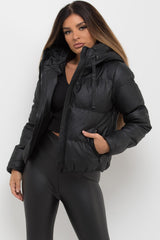 womens faux leather puffer jacket