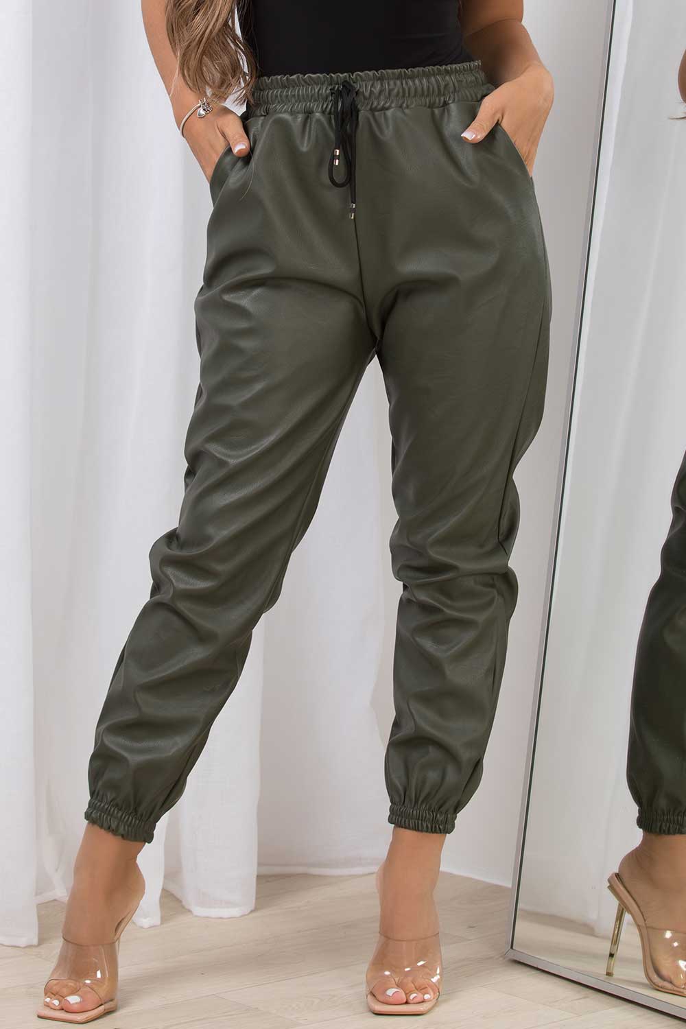 womens faux leather leather look trousers with drawstring waist sale uk