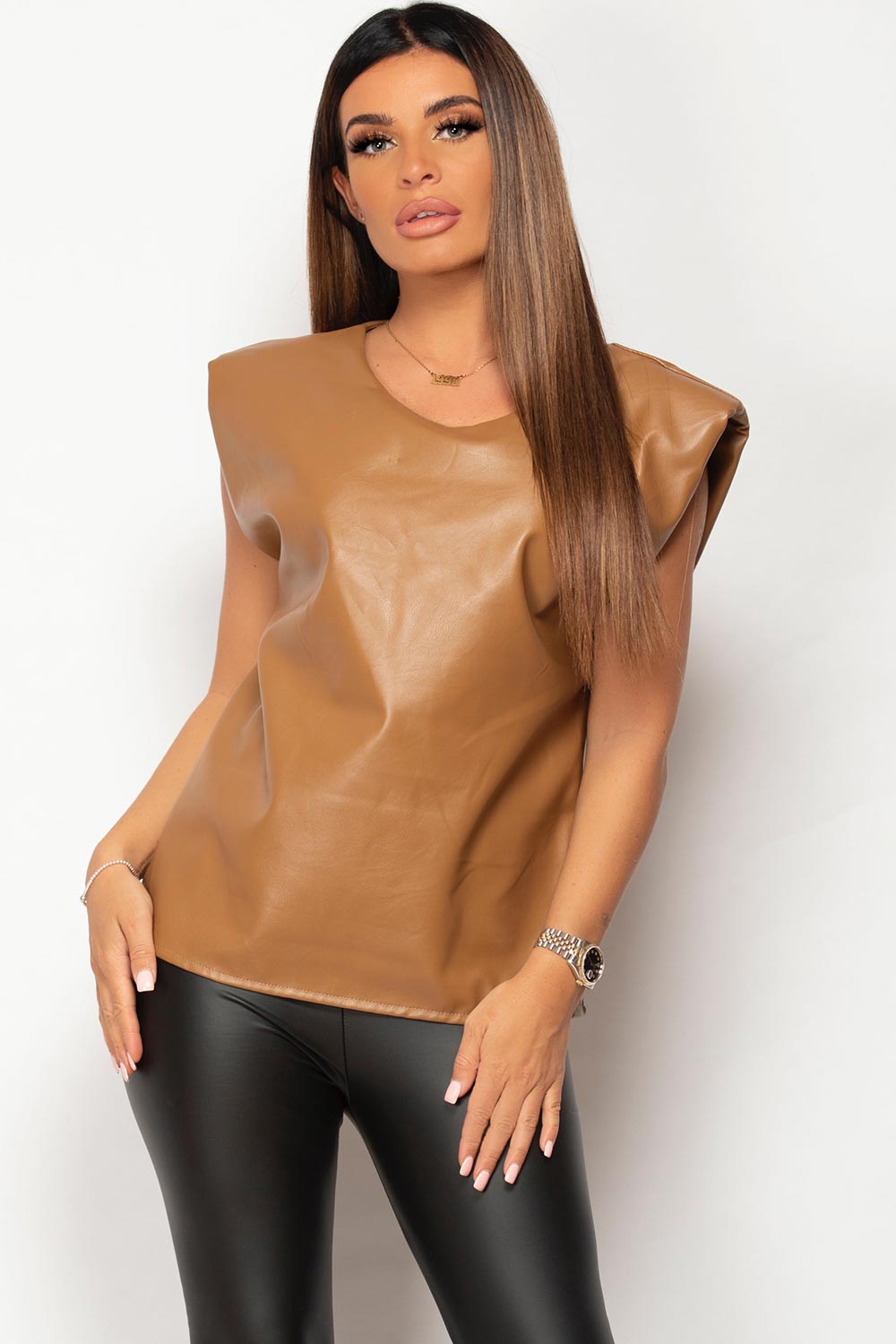 tan padded shoulder faux leather vest top 