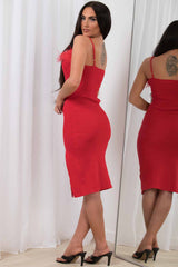 midi dress with feather trim red