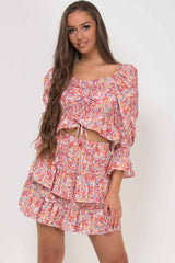 floral print ruched front top and skirt set