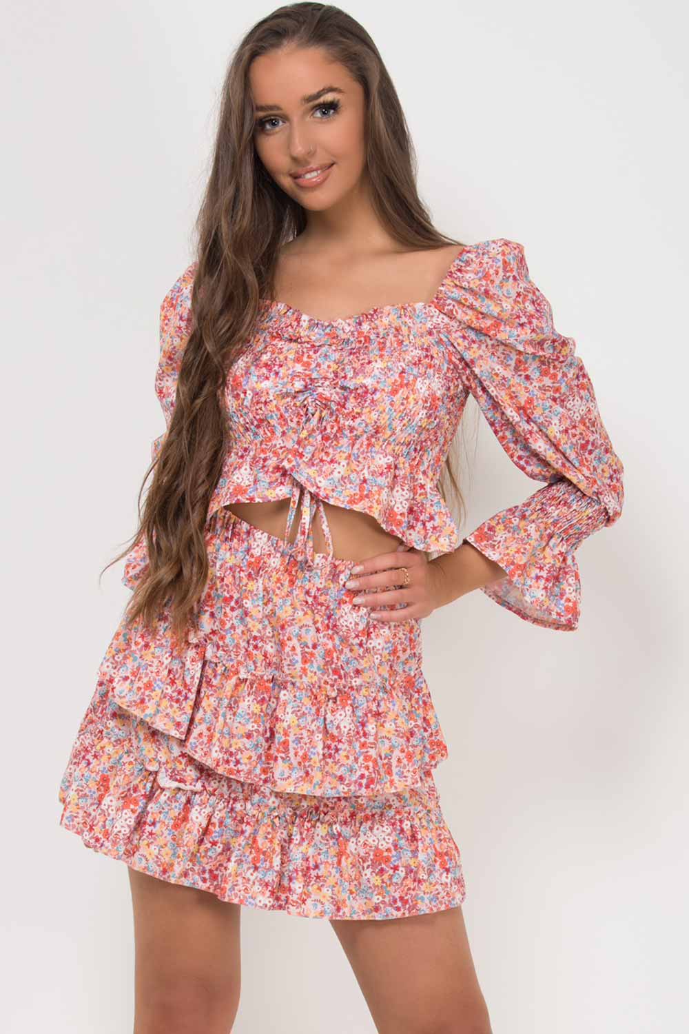 floral ruched front top and layered skirt set 