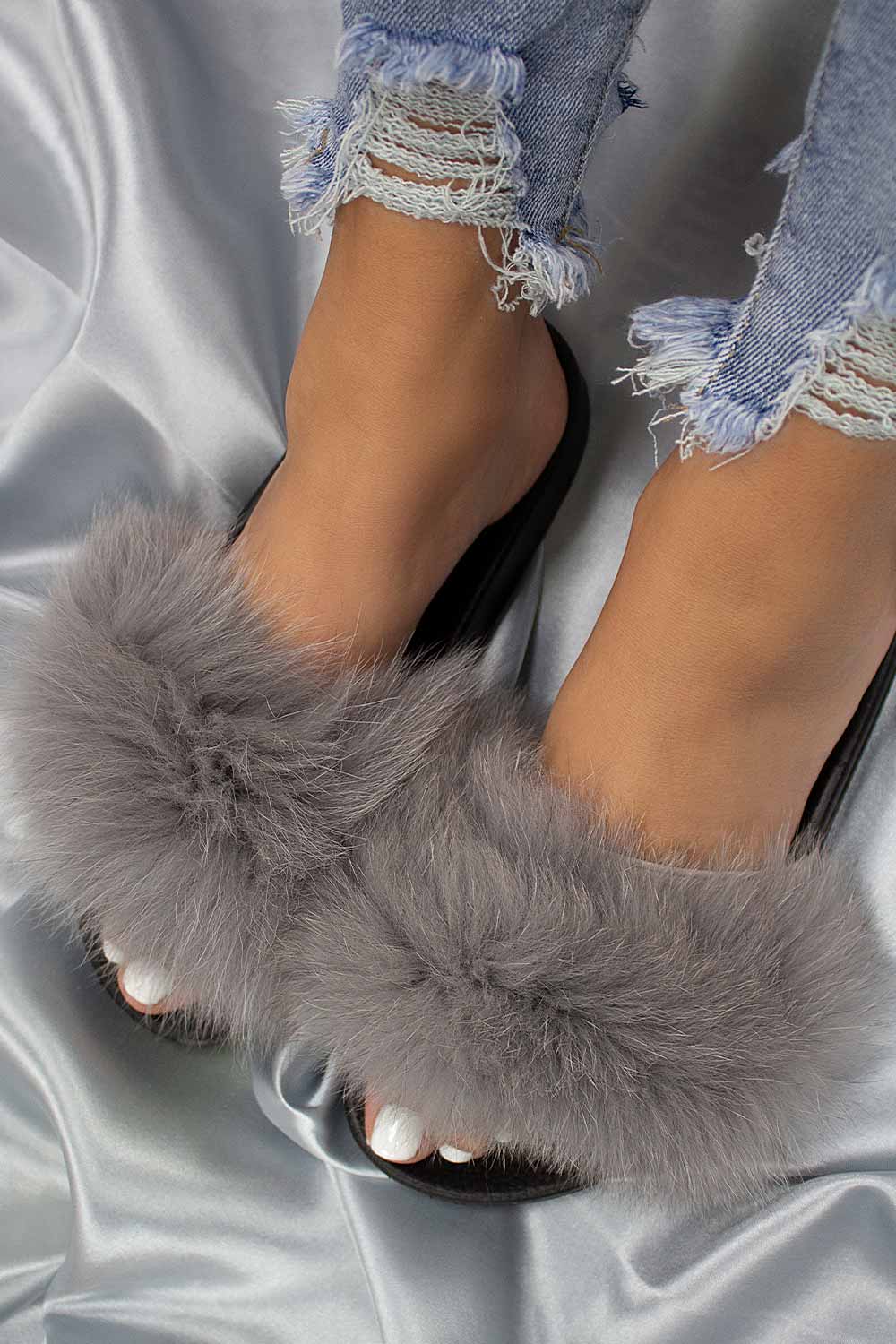 gray fluffy fur sliders uk 