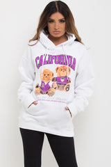 California graphic oversized white hoodie with teddy bear print