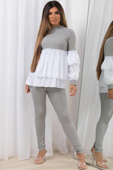 peplum frill hem ribbed jumper shirt and legging co ord lounge set grey