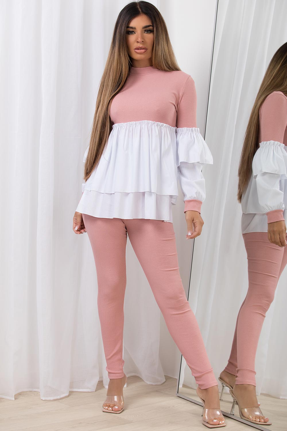 frill peplum ribbed top and leggings co ord set
