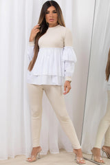 peplum frill ribbed lounge set beige