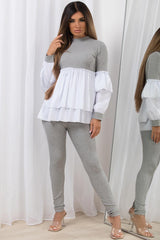 ribbed peplum frill hem jumper shirt co ord set grey