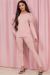 ribbed gold button frill shoulder loungewear set