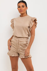 frill sleeve t shirt and shorts co ord set womens
