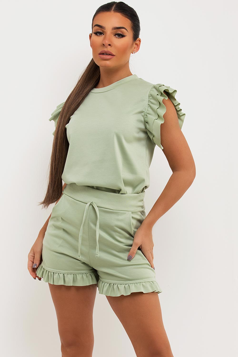 frill sleeve top and shorts co ord set holiday outfit