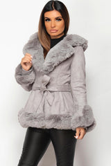 grey faux fur faux suede belted jacket 