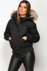 black fur hooded bomber jacket womens 