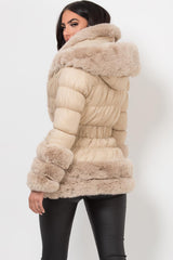 fur hood cuff and trim belted puffer jacket