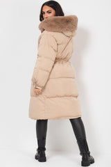womens long puffer coat with faux fur hood