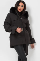 black padded puffer coat with fur hood