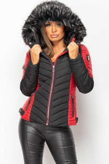 fur hooded puffer coat red and black 