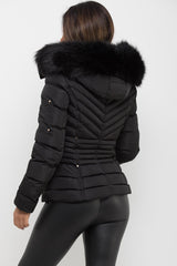 womens faux fur hooded puffer coat black