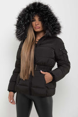 puffer coat with faux fur hood black