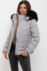 womens grey puffer coat with big fur hood