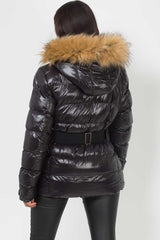 wet look puffer jacket with faux fur hood black