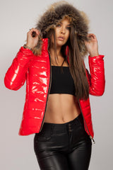 red faux fur hood wetlook jacket 