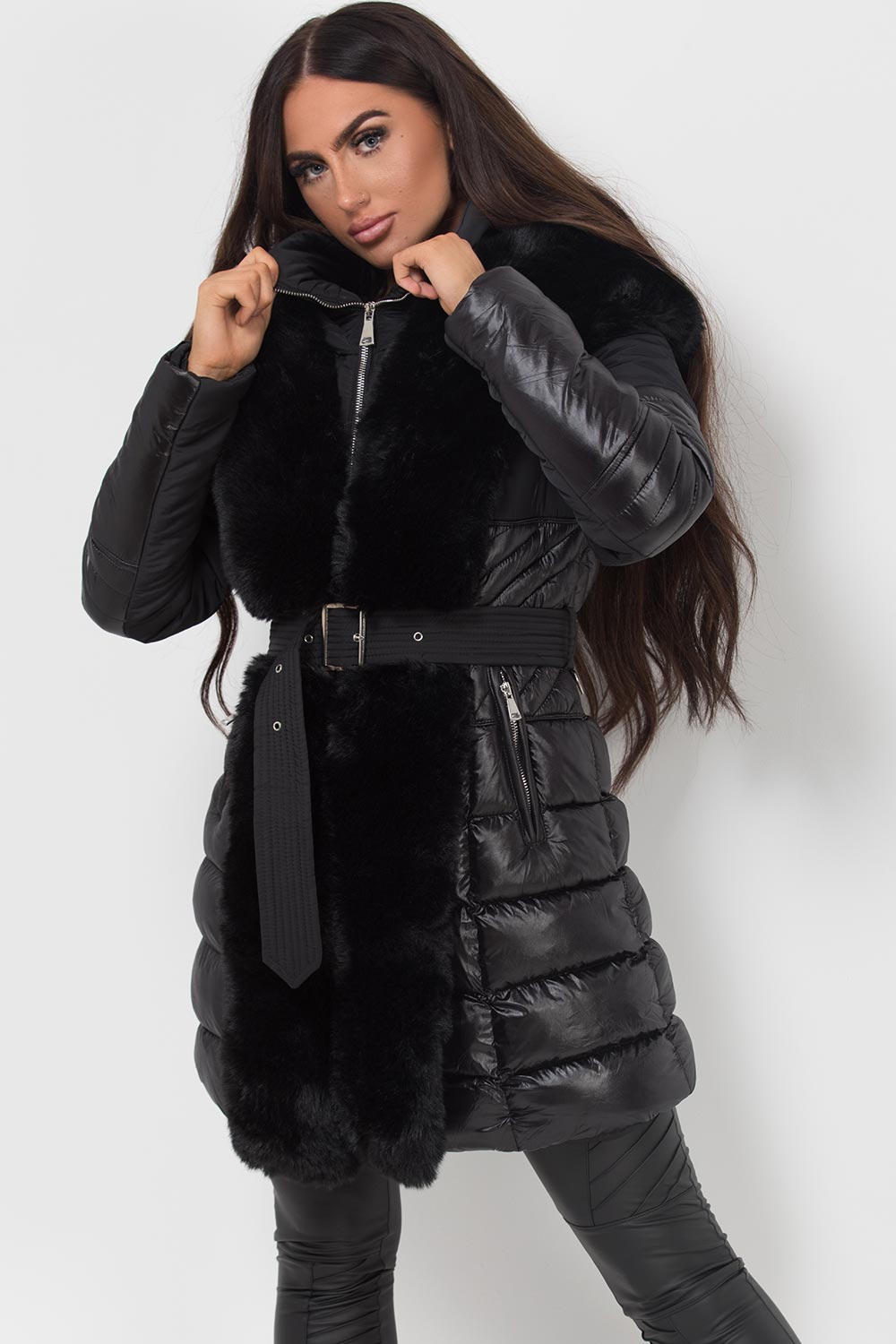 padded puffer coat with faux fur trim and hood black