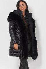 puffer padded hooded coat with faux fur trim