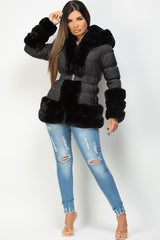 puffer jacket with faux fur hood black