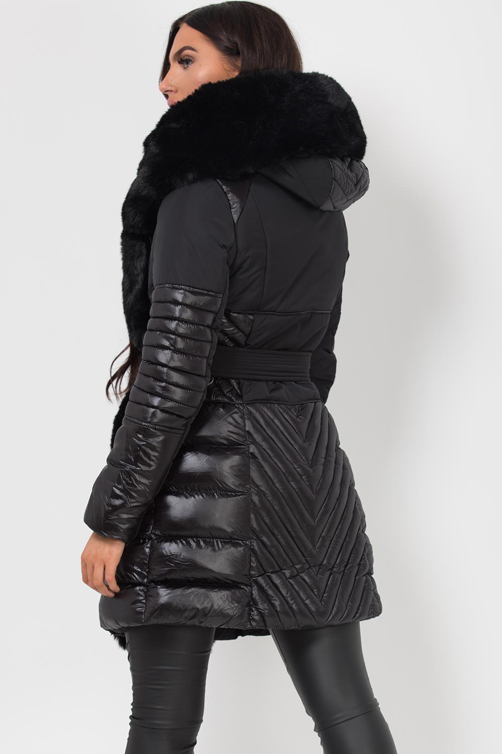 quilted padded puffer coat with faux fur hood and trim