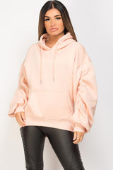 gathered arm oversized hoodie pink