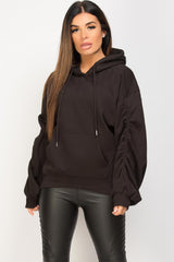 black ruched arm oversized hoodie 