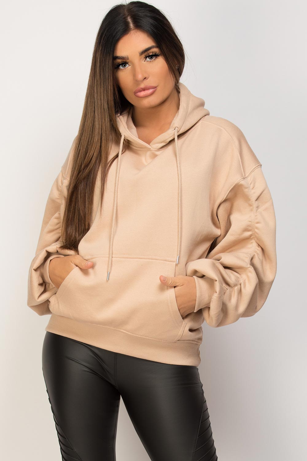 ruched arm oversized hoodie stone 