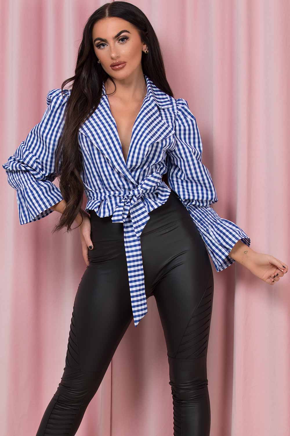 long sleeve wrap over gingham check top