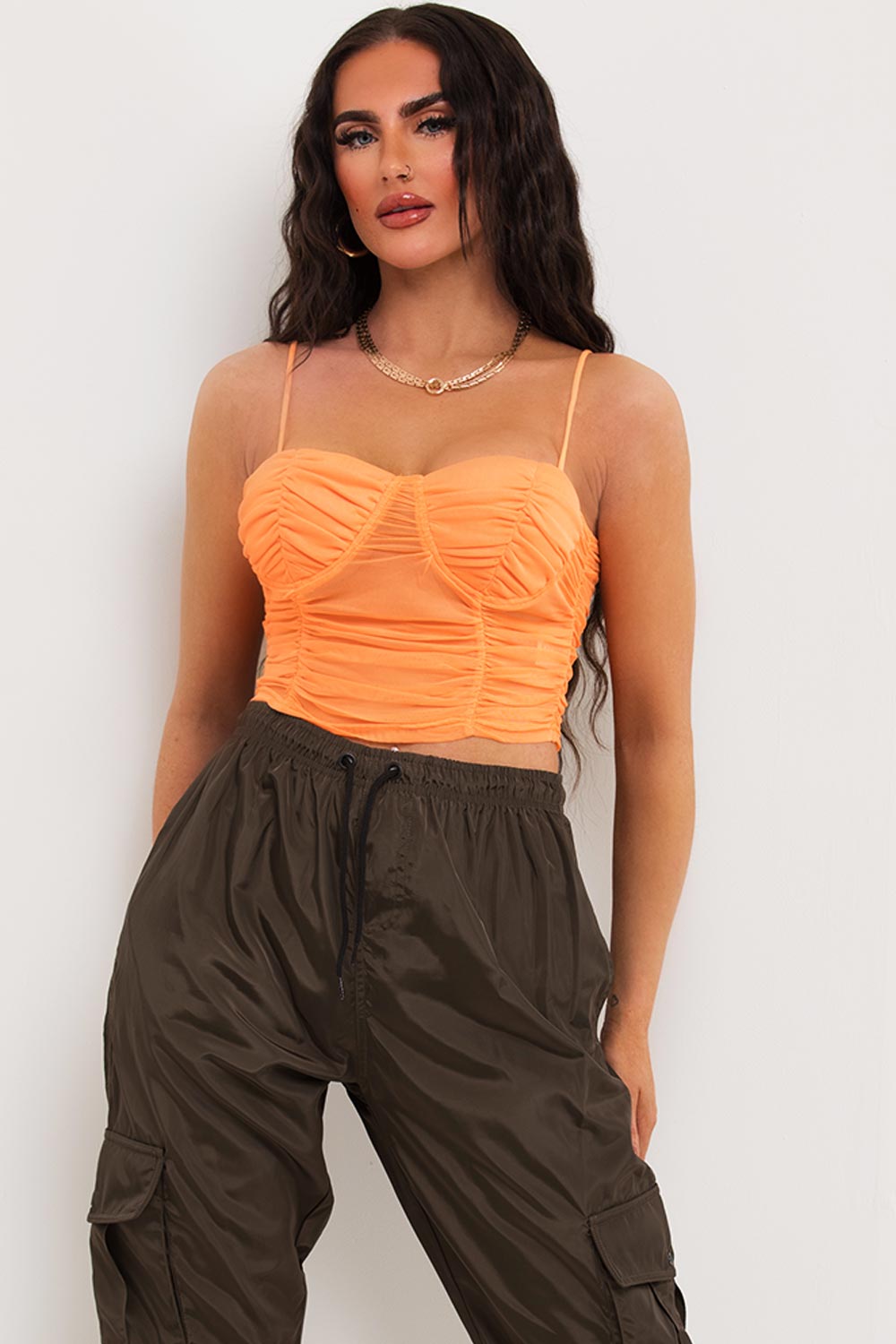 ruched mesh crop top with padded bust