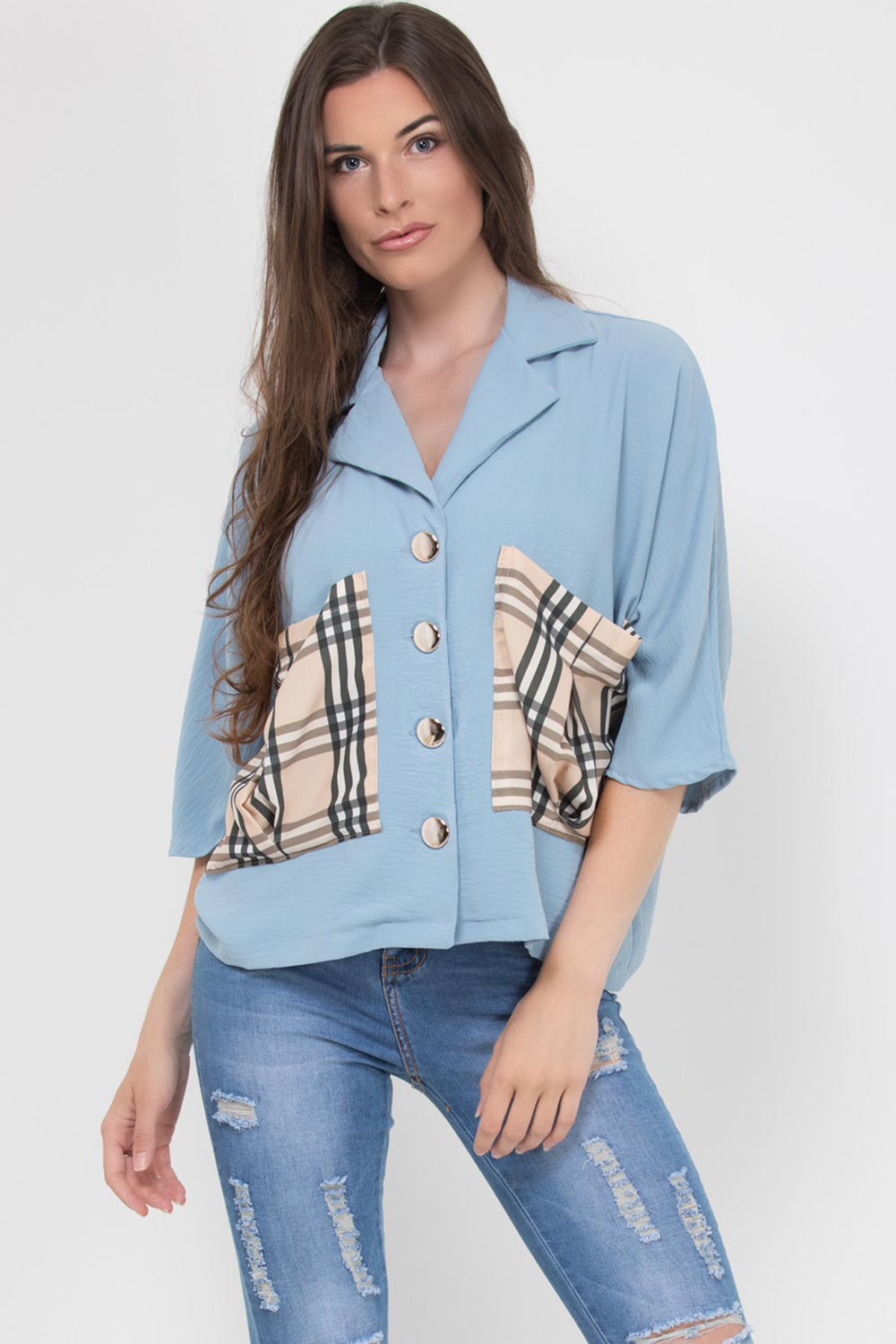 oversized shirt blouse with gold buttons and check pockets