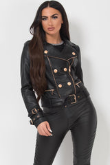 womens faux leather jacket with gold buttons black