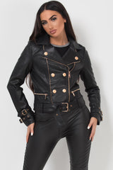 womens pu faux leather biker jacket with gold buttons balmain inspired